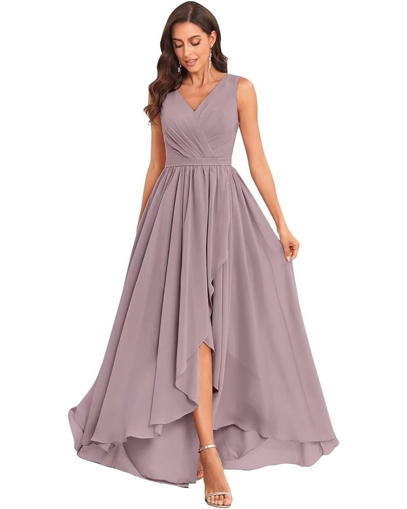 Women's High Low Chiffon Bridesmaids Dresses V Neck Pleated A Line Formal Party Dress Wisteria $37.50 Dresses