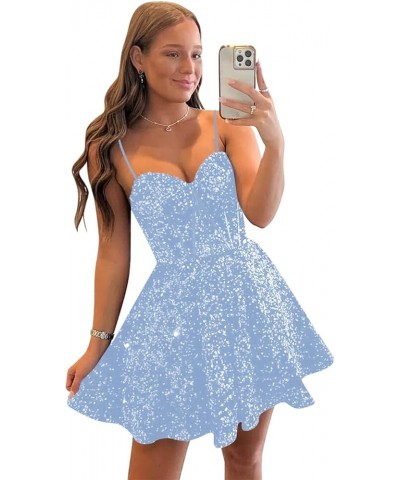 Sparkly Sequin Short Homecoming Dresses for Teens 2023 Spaghetti Straps Criss-Cross Prom Party Dress TN046 A-light Blue $23.7...