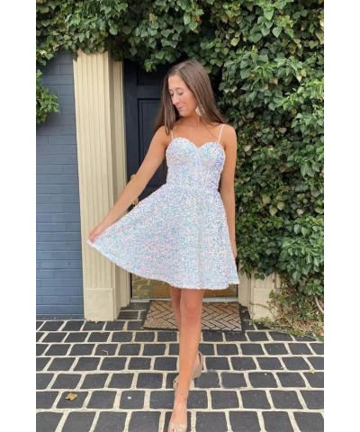 Sparkly Sequin Short Homecoming Dresses for Teens 2023 Spaghetti Straps Criss-Cross Prom Party Dress TN046 A-light Blue $23.7...