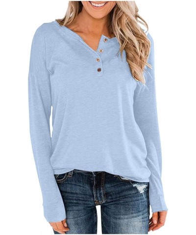 Women's Long Sleeve Henley Tops with Buttons Down V Neck Shirts Casual Loose Fit Pullovers Basic Solid Tunic Blouses A-sky Bl...