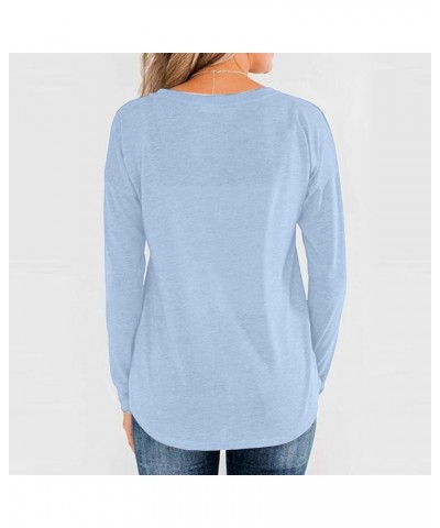 Women's Long Sleeve Henley Tops with Buttons Down V Neck Shirts Casual Loose Fit Pullovers Basic Solid Tunic Blouses A-sky Bl...