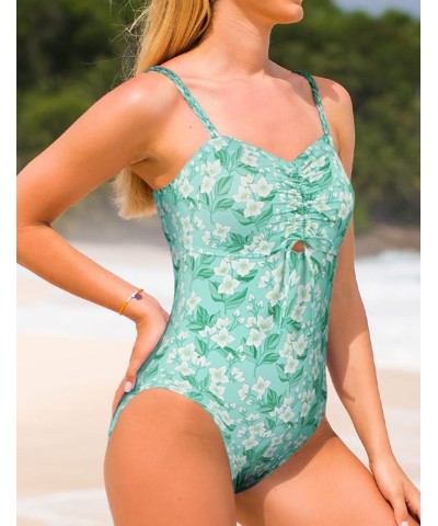 One Piece Bathing Suits for Women High Neck Swimsuit for Tummy Control Halter Monokini Swimwear with Neck Hook Green Flower &...