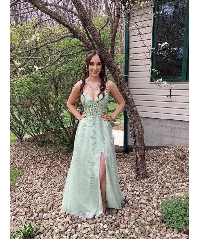 Tulle Lace Applique Prom Dresses Long for Women 2024 Spaghetti Straps A-Line Evening Cocktail Party Dresses YO035 Dusty Sage ...