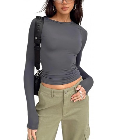 Women Slim Fitted Long Sleeve Going Out Top Y2K Sexy Crewneck Crop Tops Solid Color Tight T Shirt Fall Basic Clothes Gray $5....