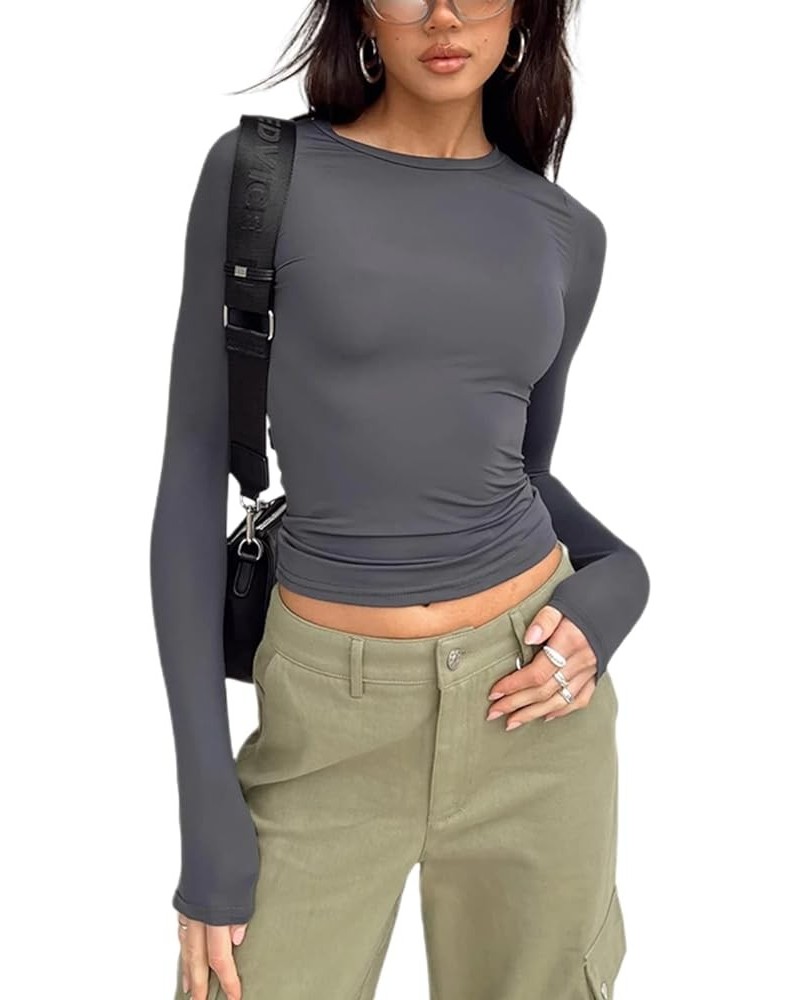 Women Slim Fitted Long Sleeve Going Out Top Y2K Sexy Crewneck Crop Tops Solid Color Tight T Shirt Fall Basic Clothes Gray $5....