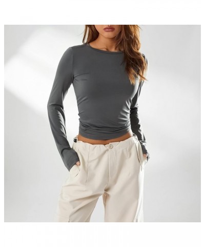 Women Slim Fitted Long Sleeve Going Out Top Y2K Sexy Crewneck Crop Tops Solid Color Tight T Shirt Fall Basic Clothes Gray $5....