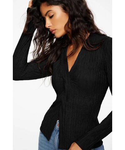 Womens Long Sleeve Blouses Tops Twist Front Textured V Neck Slim Fit Tee Shirts Black $9.99 Blouses