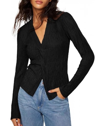 Womens Long Sleeve Blouses Tops Twist Front Textured V Neck Slim Fit Tee Shirts Black $9.99 Blouses