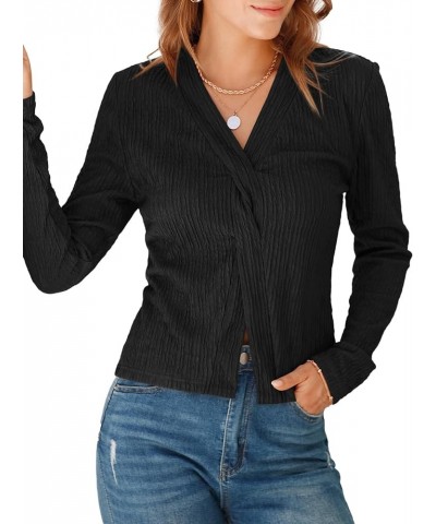 Womens Long Sleeve Blouses Tops Twist Front Textured V Neck Slim Fit Tee Shirts Black $9.99 Blouses