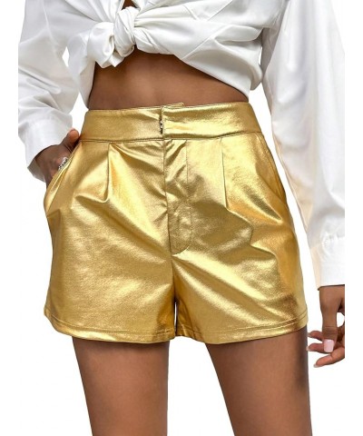 Women's High Waisted PU Leather Shorts Roll Hem Shorts with Pockets Gold $20.39 Shorts