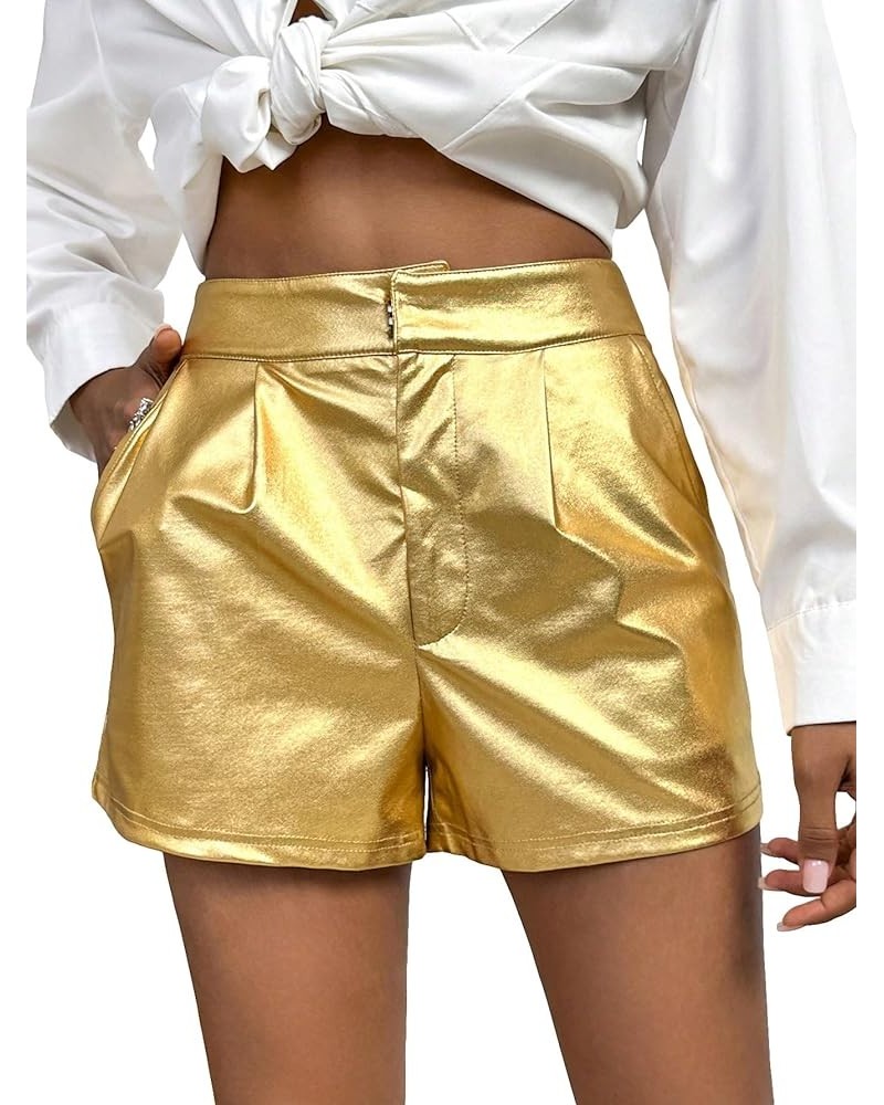 Women's High Waisted PU Leather Shorts Roll Hem Shorts with Pockets Gold $20.39 Shorts