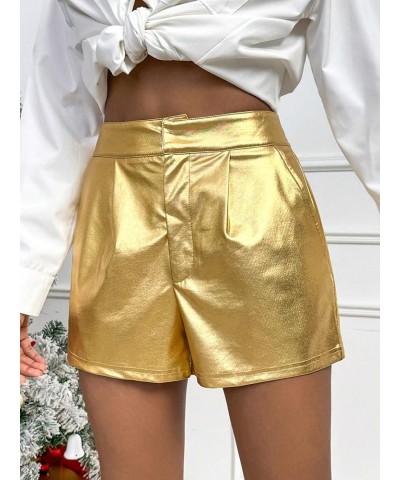 Women's High Waisted PU Leather Shorts Roll Hem Shorts with Pockets Gold $20.39 Shorts