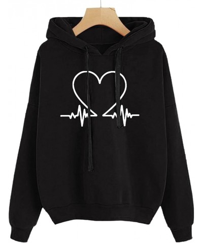 Women's Love Heart Printed Hoodies for Teen Girls Drawstring Sweatshirts Long Sleeve Shirts Valentines Day Tops Black $7.22 O...