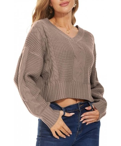 Womens V Neck Waffle Knit Cropped Top Long Sleeve Pullover Crop Sweater Cable Knit-khaki $19.37 Activewear