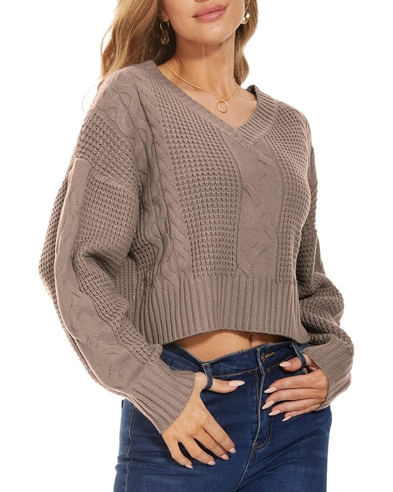 Womens V Neck Waffle Knit Cropped Top Long Sleeve Pullover Crop Sweater Cable Knit-khaki $19.37 Activewear