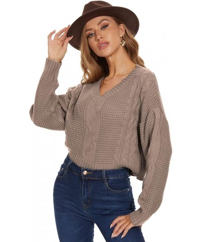 Womens V Neck Waffle Knit Cropped Top Long Sleeve Pullover Crop Sweater Cable Knit-khaki $19.37 Activewear