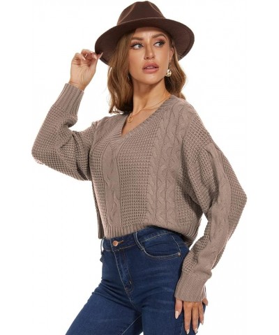 Womens V Neck Waffle Knit Cropped Top Long Sleeve Pullover Crop Sweater Cable Knit-khaki $19.37 Activewear