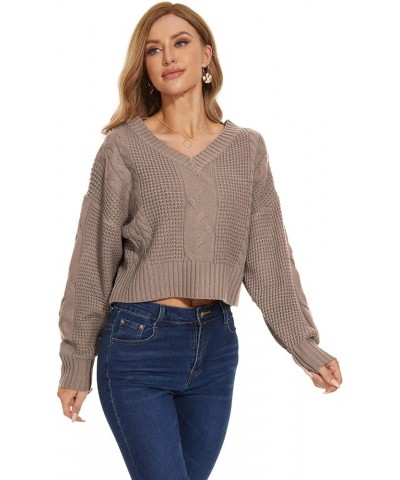 Womens V Neck Waffle Knit Cropped Top Long Sleeve Pullover Crop Sweater Cable Knit-khaki $19.37 Activewear