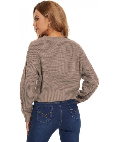 Womens V Neck Waffle Knit Cropped Top Long Sleeve Pullover Crop Sweater Cable Knit-khaki $19.37 Activewear