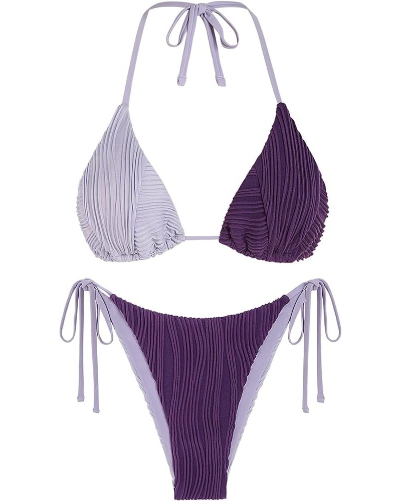 Bikini Sets for Women Halter Two Piece Swimsuit Ribbed High Cut Tie Side Thong Bathing Suit Sexy Padded Swimwear Purple $19.2...