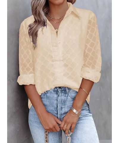 Womens Button Down Shirts Long Sleeve V Neck Blouses Tops for Work H Apricot $14.70 Blouses