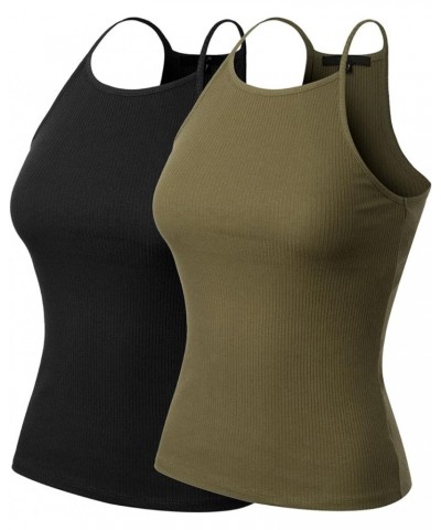 Women's Simple Casual Basic Active High Neck Ribbed Tank Top 2pack - Black/Military $10.32 Tanks