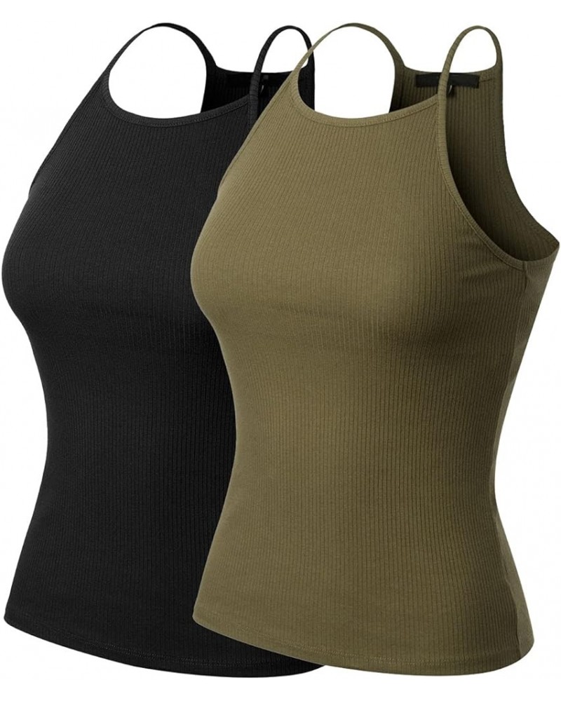 Women's Simple Casual Basic Active High Neck Ribbed Tank Top 2pack - Black/Military $10.32 Tanks