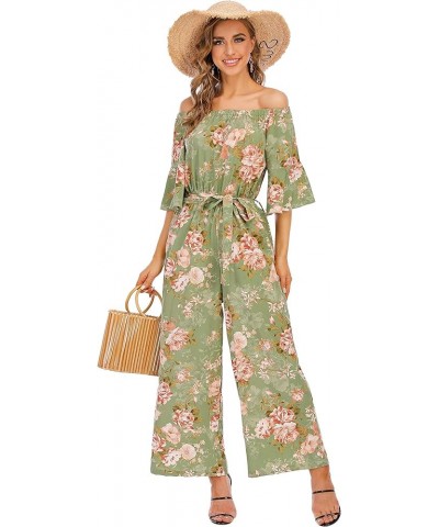 Jumpsuits for Women, Floral Off Shoulder Ruffled Short Sleeve High Waist Wide Leg Pants Romper Dressy Green Peony $13.08 Jump...