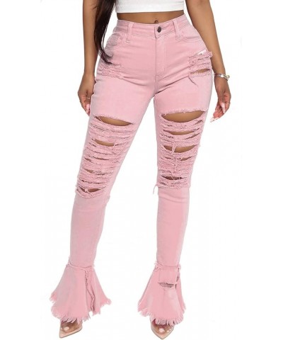 Women's Bell Bottom Jeans Destoryed Ripped Flare Jeans Elastic Waist Raw Hem Denim Pants 2277pink $20.50 Jeans