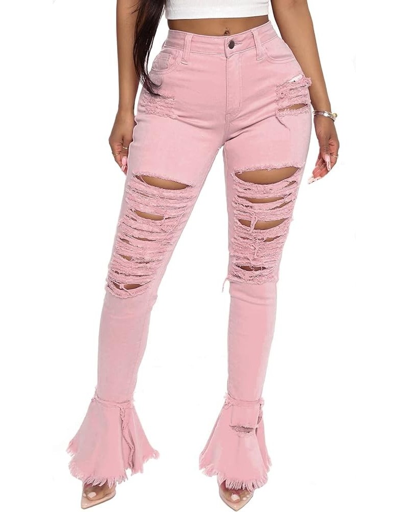 Women's Bell Bottom Jeans Destoryed Ripped Flare Jeans Elastic Waist Raw Hem Denim Pants 2277pink $20.50 Jeans