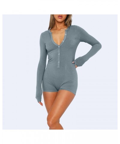 Women's Sexy Deep V Neck Bodysuit Long Sleeve Yoga Rompers Button Down Ribbed Knit One Piece Bodycon Workout Tops 01♛gray $7....