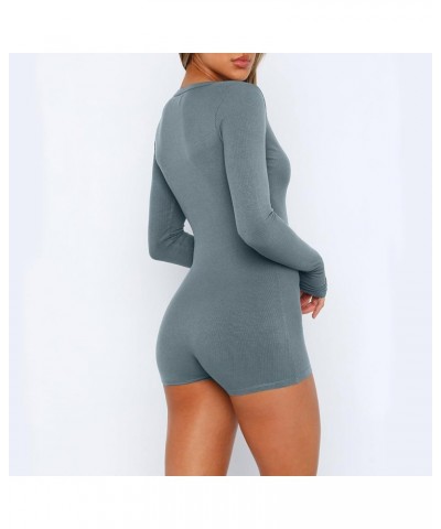 Women's Sexy Deep V Neck Bodysuit Long Sleeve Yoga Rompers Button Down Ribbed Knit One Piece Bodycon Workout Tops 01♛gray $7....