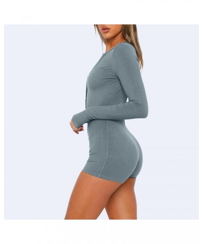 Women's Sexy Deep V Neck Bodysuit Long Sleeve Yoga Rompers Button Down Ribbed Knit One Piece Bodycon Workout Tops 01♛gray $7....