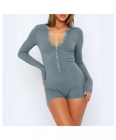 Women's Sexy Deep V Neck Bodysuit Long Sleeve Yoga Rompers Button Down Ribbed Knit One Piece Bodycon Workout Tops 01♛gray $7....