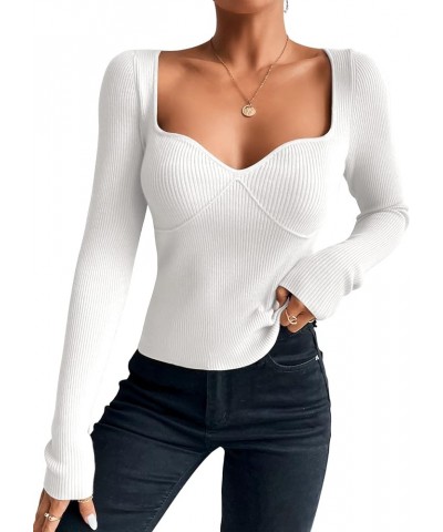 Women's Casual Long Sleeve Sweetheart Neck Ribbed Knit Top Slim Fit Pullover Sweater White $10.79 Sweaters