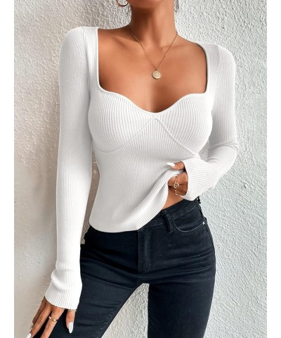 Women's Casual Long Sleeve Sweetheart Neck Ribbed Knit Top Slim Fit Pullover Sweater White $10.79 Sweaters