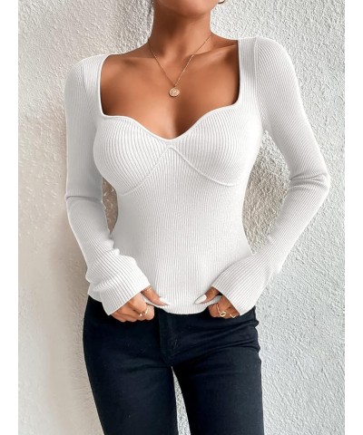 Women's Casual Long Sleeve Sweetheart Neck Ribbed Knit Top Slim Fit Pullover Sweater White $10.79 Sweaters