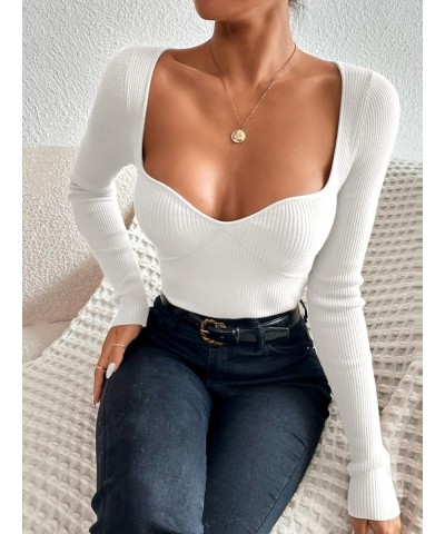 Women's Casual Long Sleeve Sweetheart Neck Ribbed Knit Top Slim Fit Pullover Sweater White $10.79 Sweaters