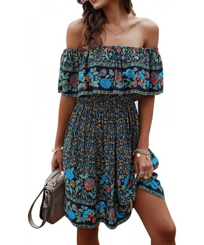 Off Shoulder Boho Floral Swing Mini Dress Summer Strapless Pleated Short Dress Navy $20.23 Dresses