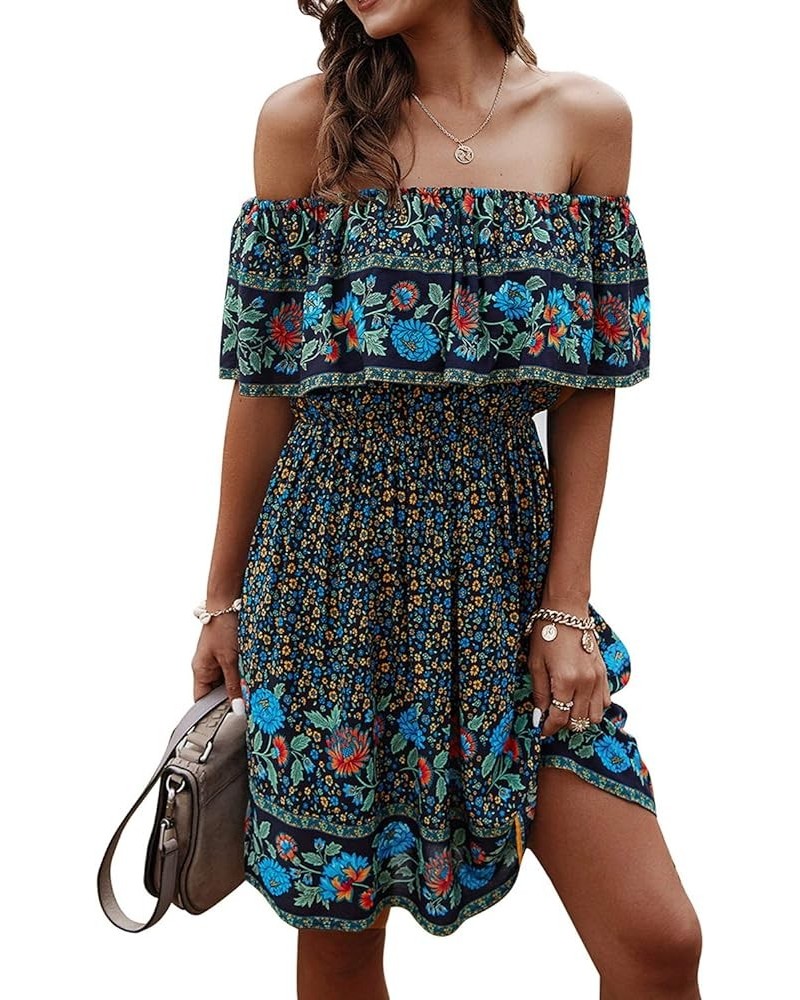 Off Shoulder Boho Floral Swing Mini Dress Summer Strapless Pleated Short Dress Navy $20.23 Dresses