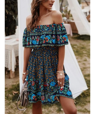 Off Shoulder Boho Floral Swing Mini Dress Summer Strapless Pleated Short Dress Navy $20.23 Dresses