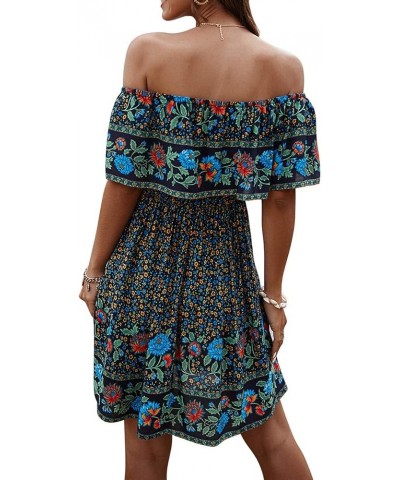 Off Shoulder Boho Floral Swing Mini Dress Summer Strapless Pleated Short Dress Navy $20.23 Dresses