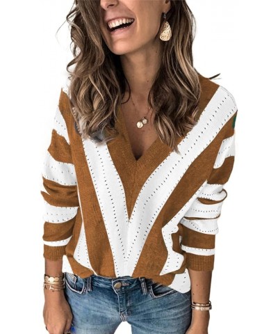 Womens Color Block Striped V Neck Sweater Long Sleeve Pullover Knitted Sweater XS-2XL Qb Brown $21.52 Sweaters