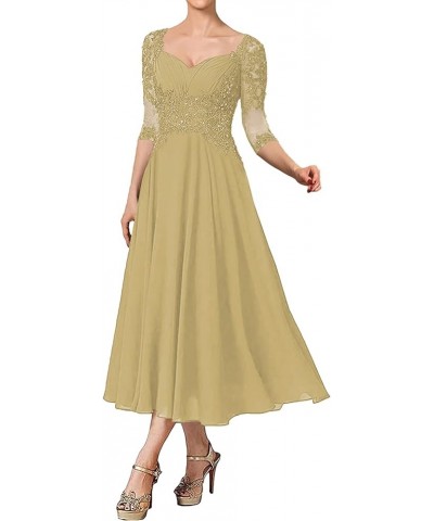 Tea Length Mother of The Bride Dresses Lace Evening Formal Dress Beaded Wedding Guest Groom Dress Applique 3/4 Sleeve Gold $4...