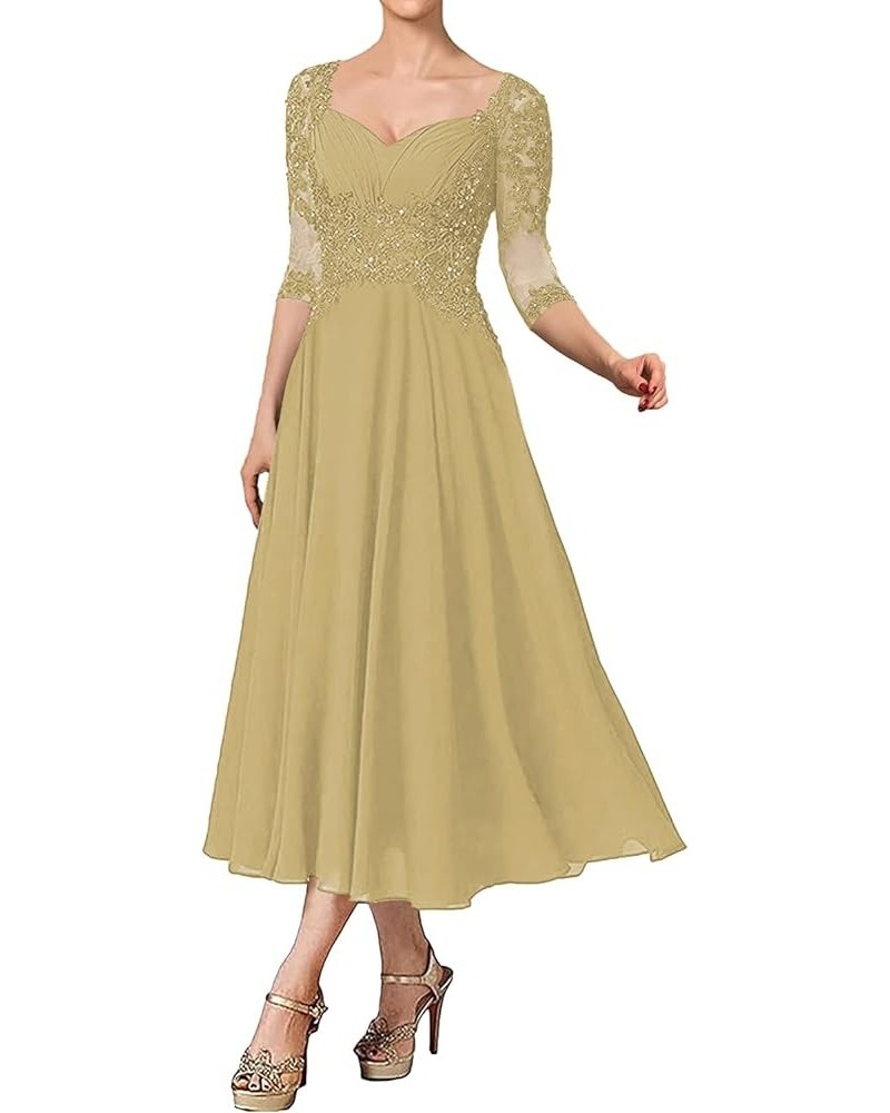 Tea Length Mother of The Bride Dresses Lace Evening Formal Dress Beaded Wedding Guest Groom Dress Applique 3/4 Sleeve Gold $4...