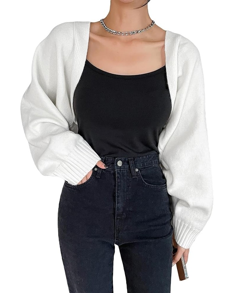 Women's Long Sleeve Open Front Knitted Crop Cardigan Sweater Shrug Cream White Plain $17.10 Sweaters