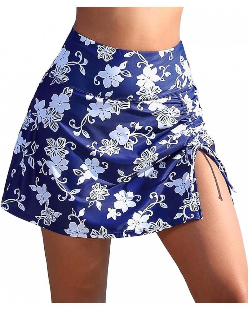 Womens High Waisted Split Swim Skirt Sporty Drawstring Skirted Swim Bottom with Built-in Panty Navy Flower $17.91 Swimsuits