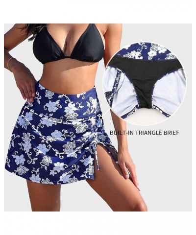 Womens High Waisted Split Swim Skirt Sporty Drawstring Skirted Swim Bottom with Built-in Panty Navy Flower $17.91 Swimsuits