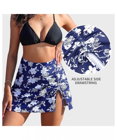 Womens High Waisted Split Swim Skirt Sporty Drawstring Skirted Swim Bottom with Built-in Panty Navy Flower $17.91 Swimsuits