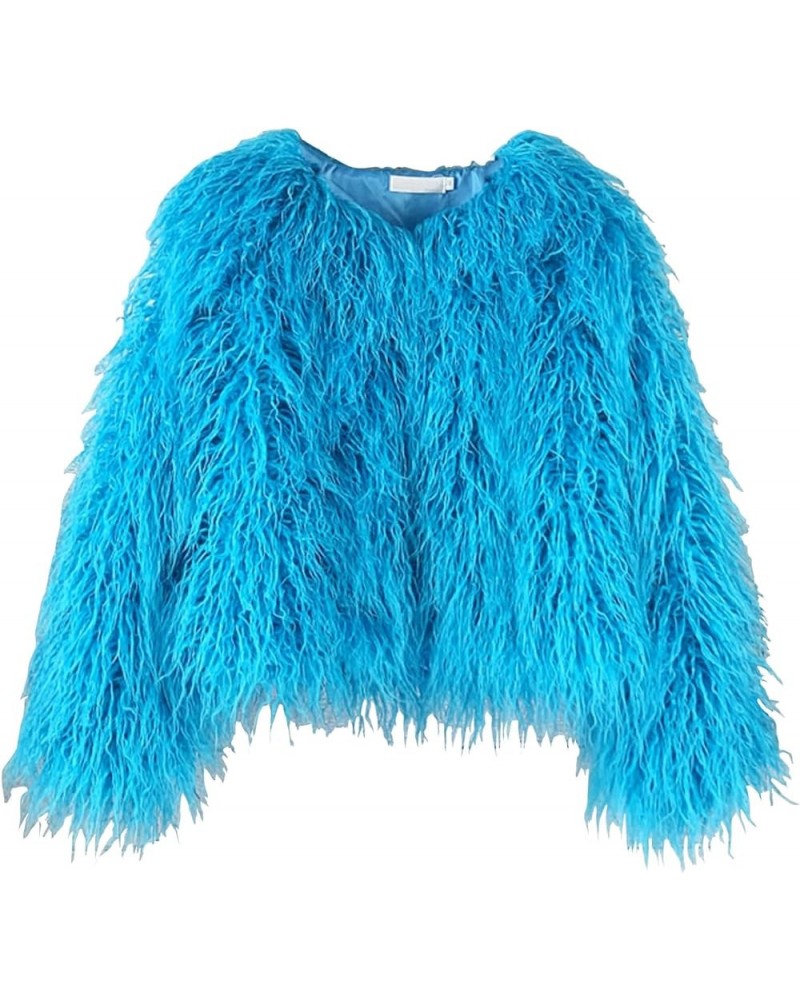 Winter Fluffy Faux Fur Coat Women's Shaggy Jacket Long Sleeve Outwear Sky Blue $21.76 Coats